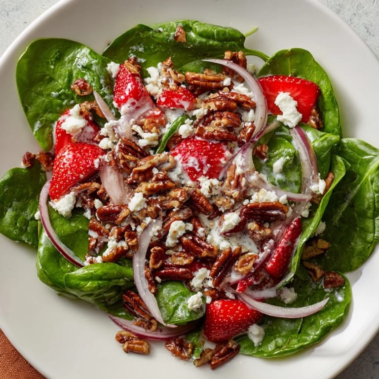 Close-up of a colorful Strawberry Spinach Salad, perfect for summer, drizzled with poppy seed dressing.