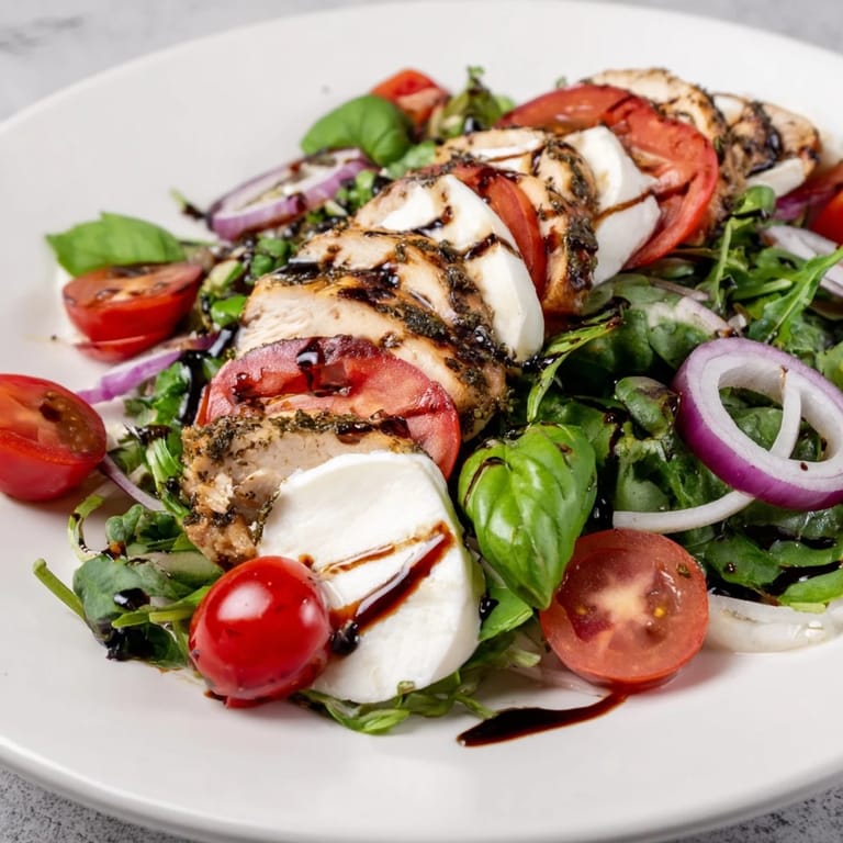 Enjoy a refreshing Caprese Chicken Salad; sliced chicken atop greens, mozzarella, tomato, drizzled with balsamic.