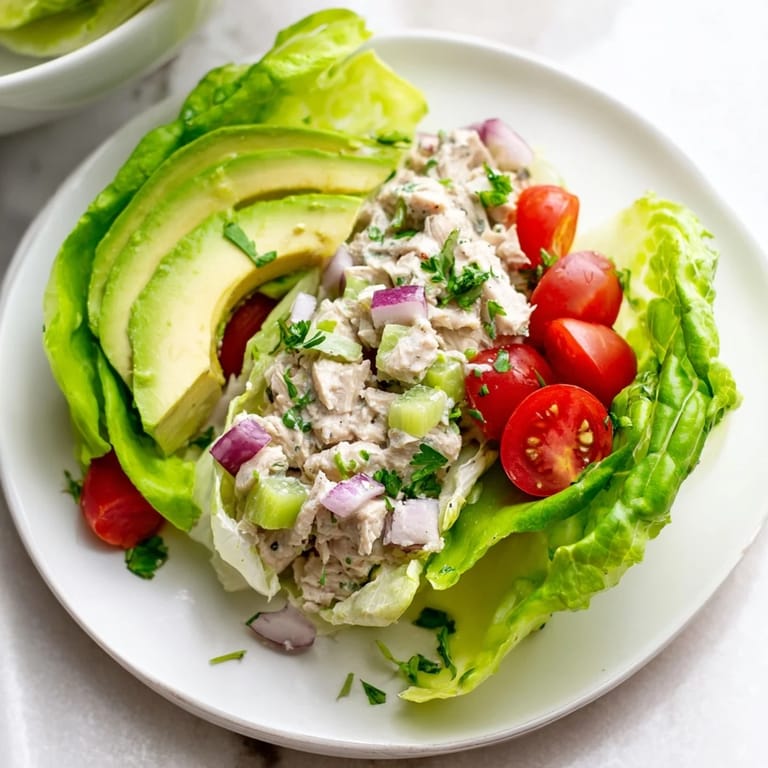 Bright, colorful photo of Tuna Salad Lettuce Wraps with fresh lettuce and vibrant toppings, perfect for summer.