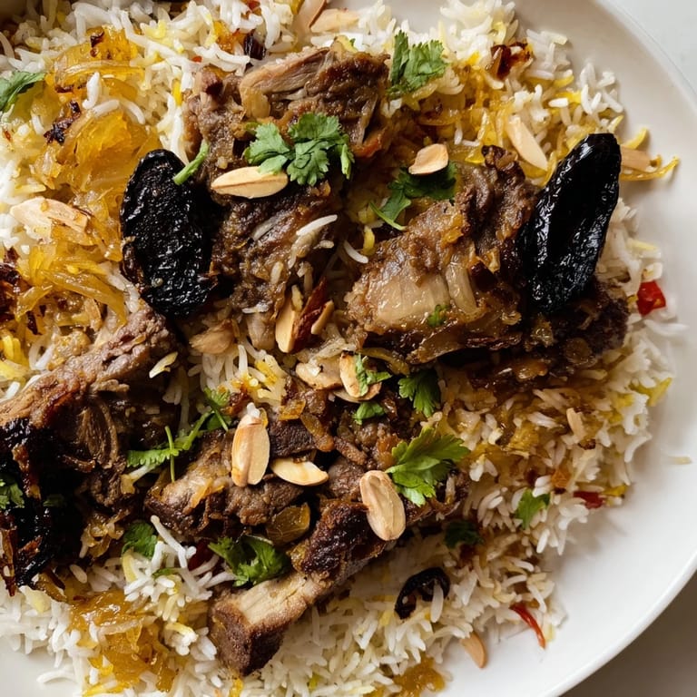 Fragrant Qatari Majboos, the Middle Eastern rice dish, with browned lamb and golden onions visible.