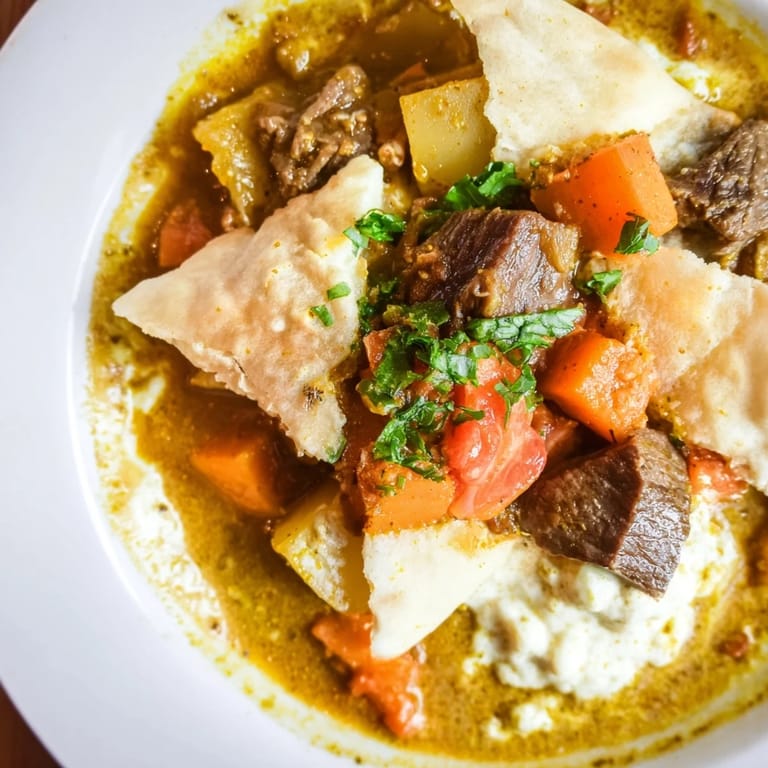 Savor the rich aromas of this hearty Yemeni Saltah, served over warm flatbread for comfort.