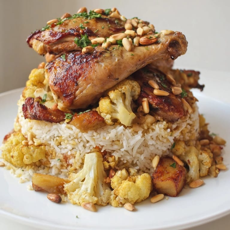 Golden cauliflower and flavorful chicken star in this vibrant Palestinian Maklouba recipe, perfectly layered.