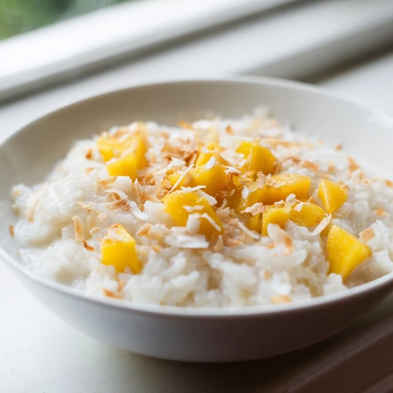 Freshly cooked Coconut Rice Sweet steams gently in a white bowl, beside a tropical fruit garnish for a vibrant dessert plate.