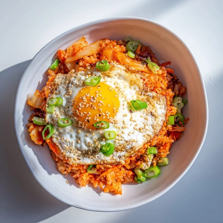 Gochujang-spiced kimchi fried rice sizzling in a wok with colorful diced vegetables.