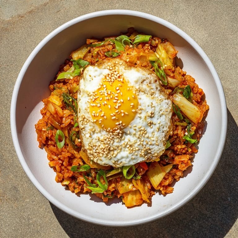 A vibrant bowl of kimchi fried rice garnished with sesame seeds and crisp veggies.
