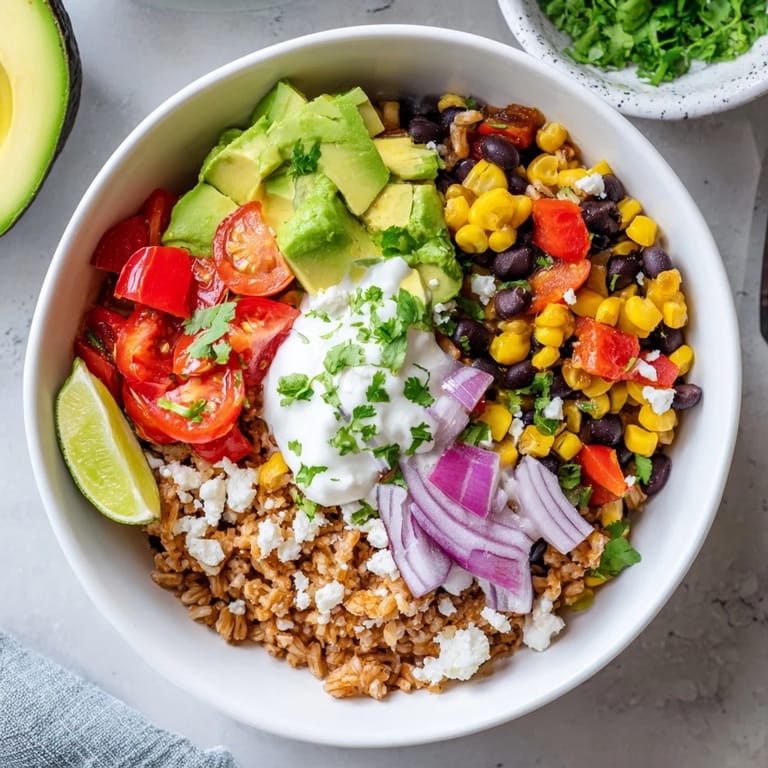 A wholesome vegetarian burrito bowl with steamed corn, cherry tomatoes, and melted queso fresco, served with zesty lime wedges.