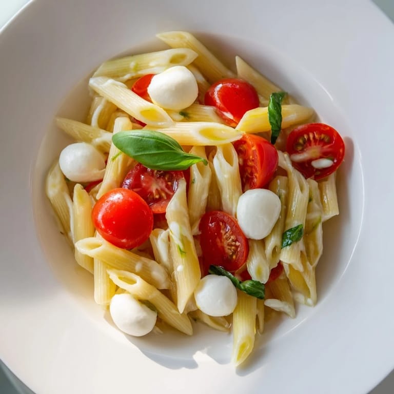 A vibrant Caprese Salad Pasta features al dente fusilli tossed with juicy cherry tomatoes and creamy mozzarella pearls.