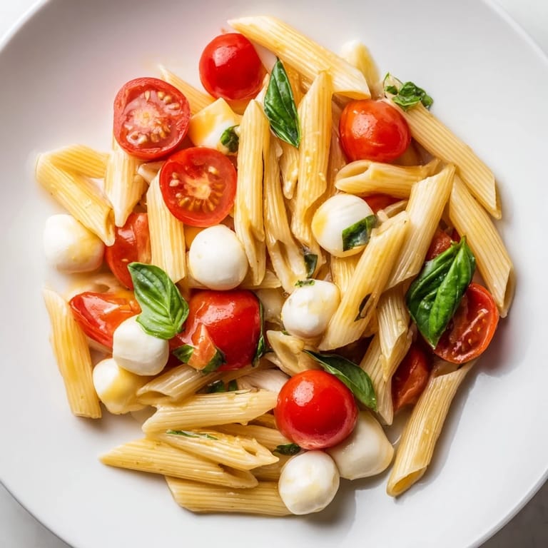 Serve this Caprese Salad Pasta cold from the fridge, garnished with torn basil and a tangy balsamic glaze.