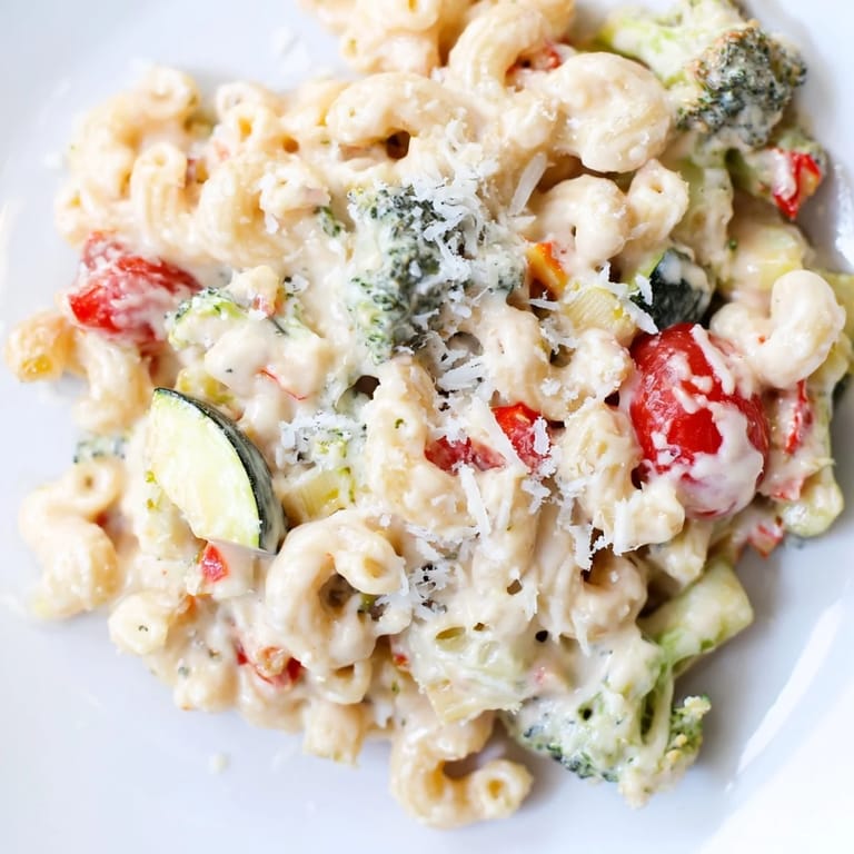 Steaming bowl of homemade Roasted Veggie Mac & Cheese, featuring tender elbow macaroni coated in a rich cheese sauce topped with caramelized cherry tomatoes and red onion.