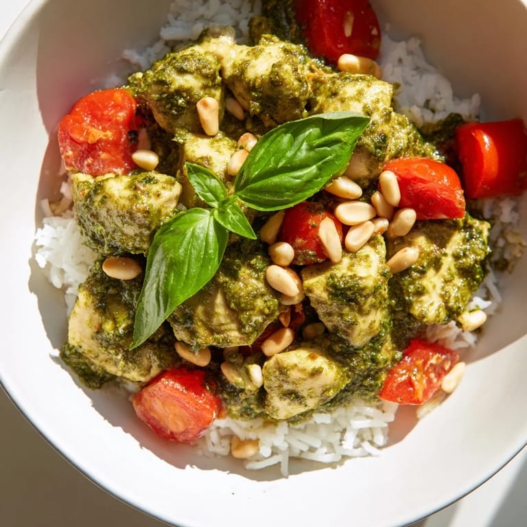 Tender pesto-coated chicken rests over warm rice, garnished with fresh basil and a sprinkle of Parmesan.