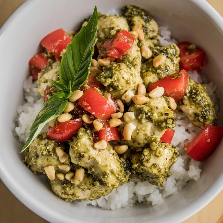 Savory Chicken Pesto Rice Bowl served in a white bowl with bright red tomatoes and golden chicken.
