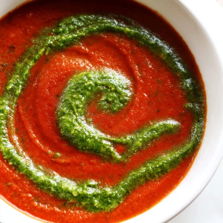 Hot tomato soup garnished with a swirl of fresh basil pesto, served beside a golden grilled cheese sandwich.
