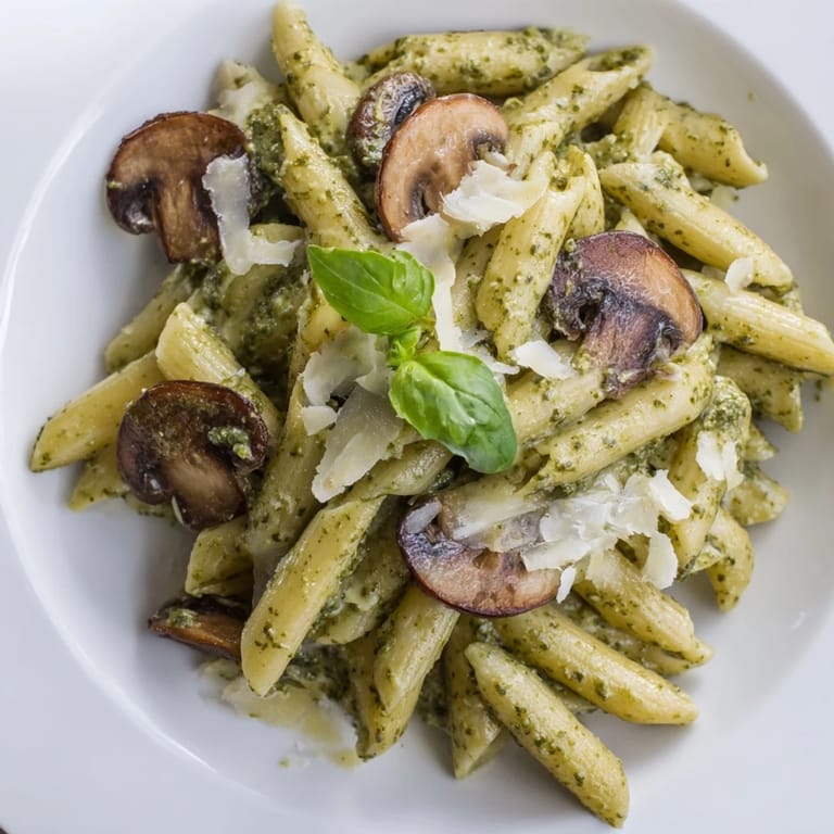 Steaming bowl of mushroom pesto pasta with al dente noodles and a rich, garlicky finish.