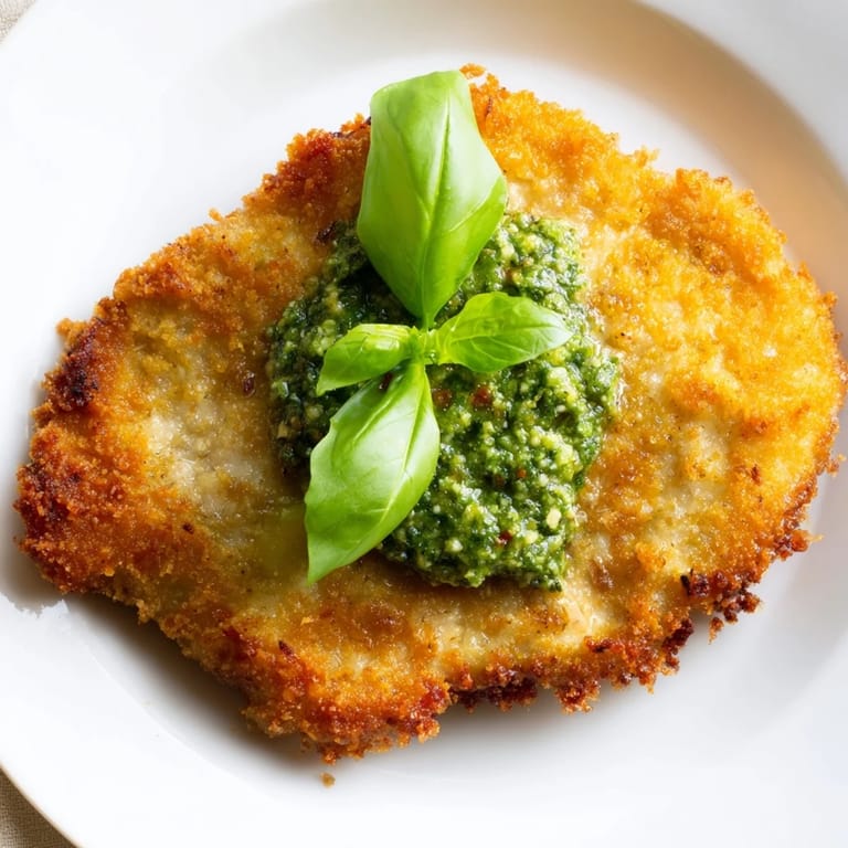 Sizzling Crispy Pesto Chicken Cutlets with golden Parmesan breadcrumbs, ready to be served with a squeeze of lemon.