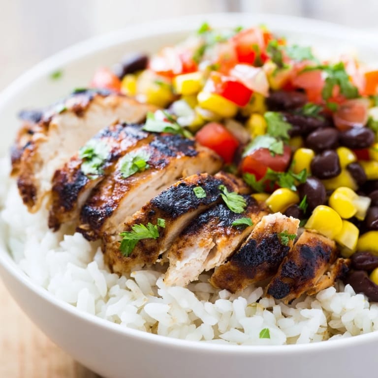 Bright, appetizing Spicy Chicken Burrito Bowl garnished with fresh cilantro and lime wedges, ready for a satisfying Tex-Mex meal.
