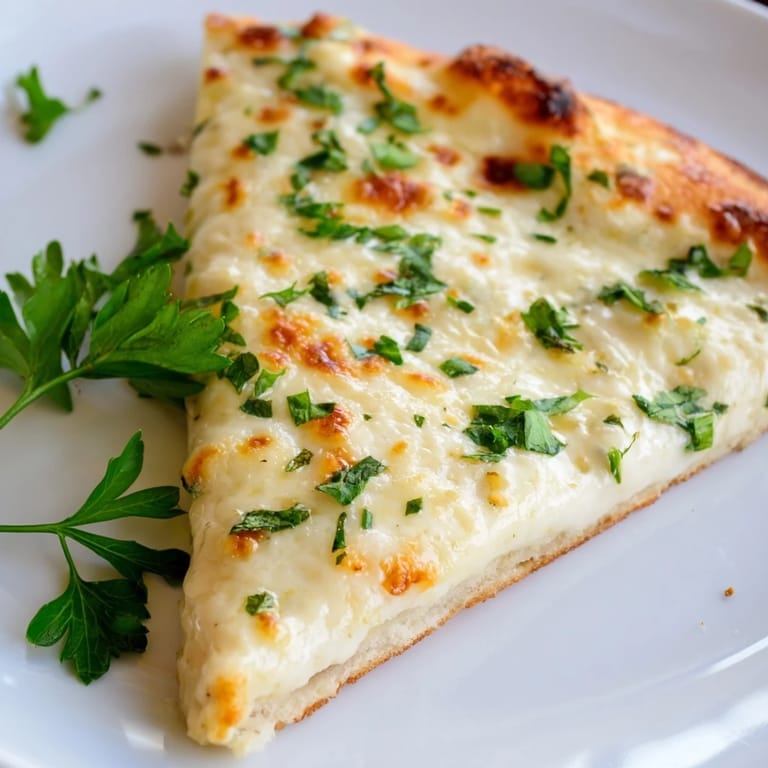 Slice of hot Creamy Garlic White Pizza with velvety garlic cream sauce, melted mozzarella, and a golden-brown, crisp edge.