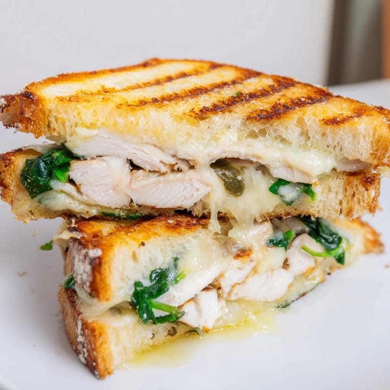 A warm Grilled Chicken Spinach Panini cut in half, revealing layers of grilled chicken, fresh spinach, and gooey cheese.