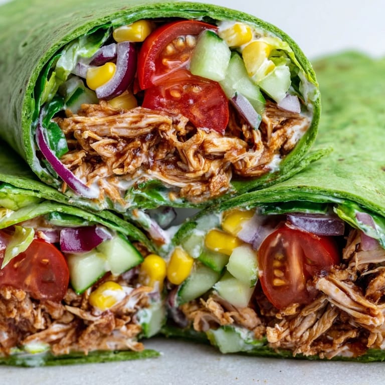 Juicy BBQ chicken salad in a warm spinach tortilla wrap, garnished with fresh lime wedges and served alongside crunchy vegetable sticks for a satisfying lunch.