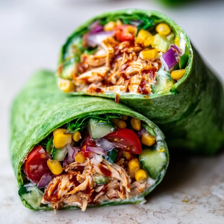 Close-up of a BBQ Chicken Salad Wrap, highlighting the creamy dressing glistening on tender chicken, red onions, and cucumbers wrapped in a soft, green spinach tortilla.