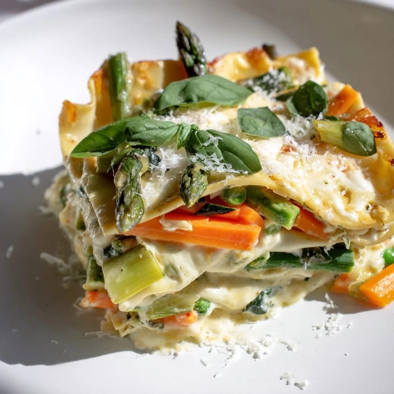 Golden, bubbling Spring Veggie Alfredo Lasagna with ricotta and mozzarella, served warm for a satisfying vegetarian meal.