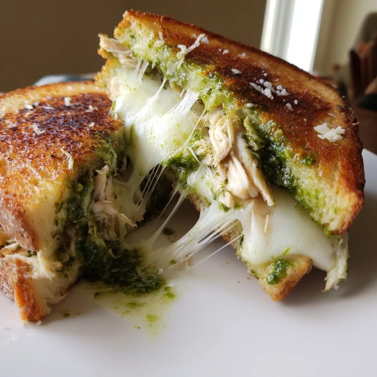 A pan-seared Mozzarella Pesto Chicken Grilled Cheese cooks in a skillet, bubbling with melted mozzarella.