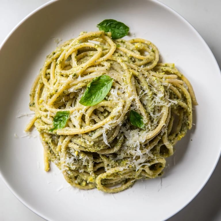 Serving suggestion for Creamy Sunflower Seed Pesto Pasta in a rustic white bowl, topped with extra seeds and a lemon wedge on the side.  