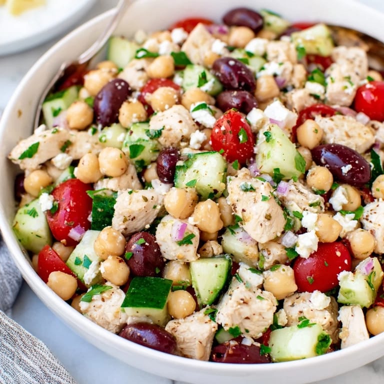 This vibrant Mediterranean Chickpea Chicken Salad is plated on a white dish, perfect for an easy lunch, light dinner, or meal prep.