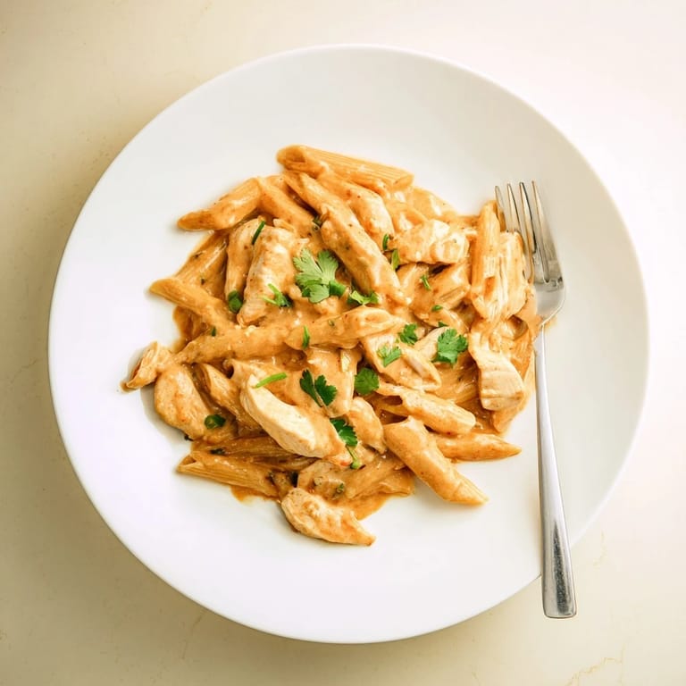 Tender penne pasta tossed in a sweet and smoky honey chipotle sauce, topped with sliced chicken and fresh cilantro.