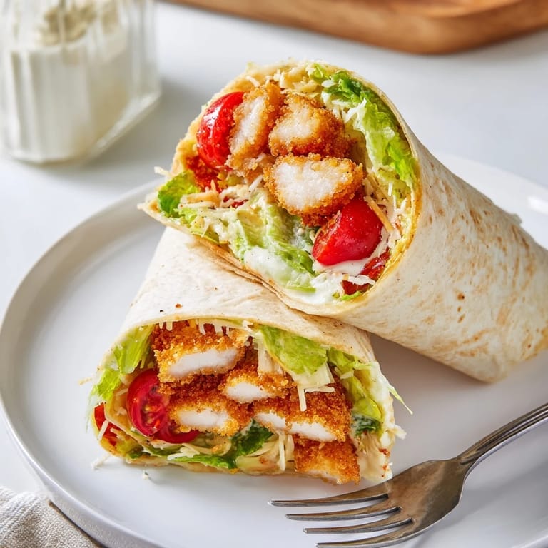 A close-up of a halved Hot Honey Chicken Caesar Wrap, revealing the spicy glaze glistening on the crunchy chicken.
