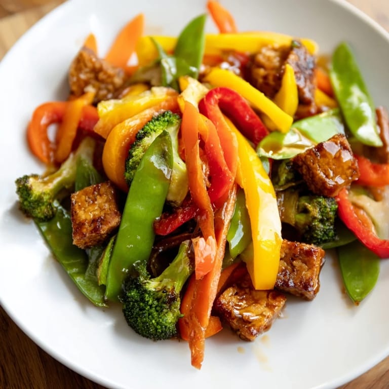 A close-up of Vegetable Tempeh Stir-Fry highlights crisp sugar snap peas, julienned carrots, and aromatic garlic in a savory glaze.