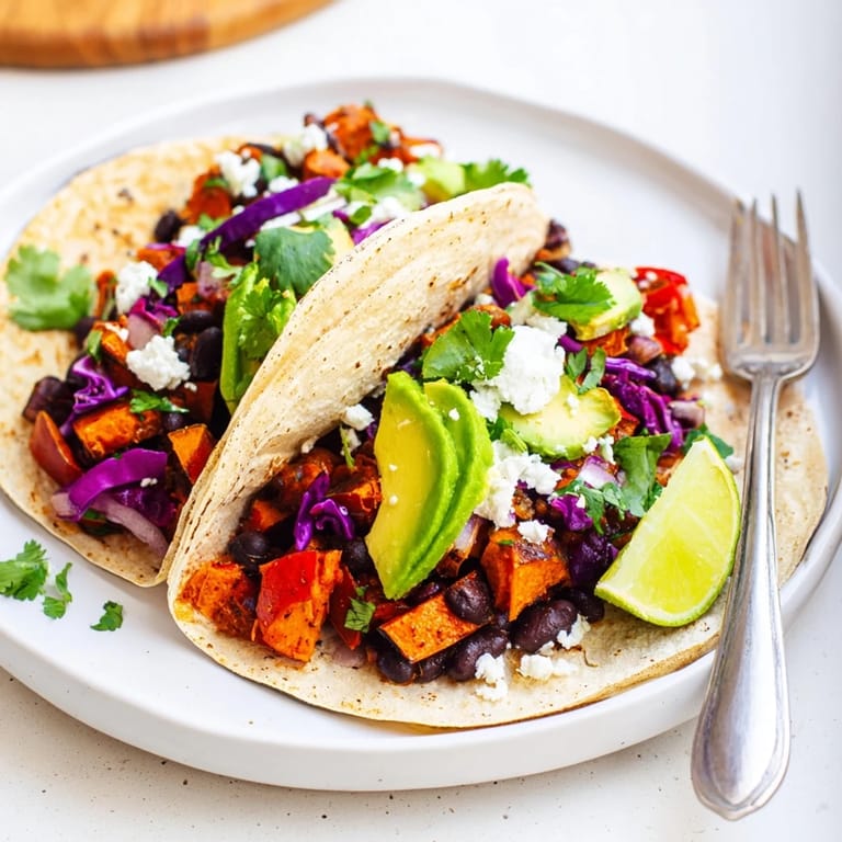 A close-up view of Black Bean and Sweet Potato Tacos garnished with cilantro, red onion, and a dollop of vegan sour cream.