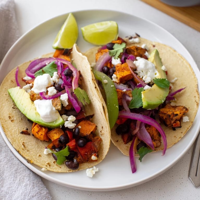 Hearty vegan Black Bean and Sweet Potato Tacos are arranged on a rustic plate with lime wedges for squeezing over the top.
