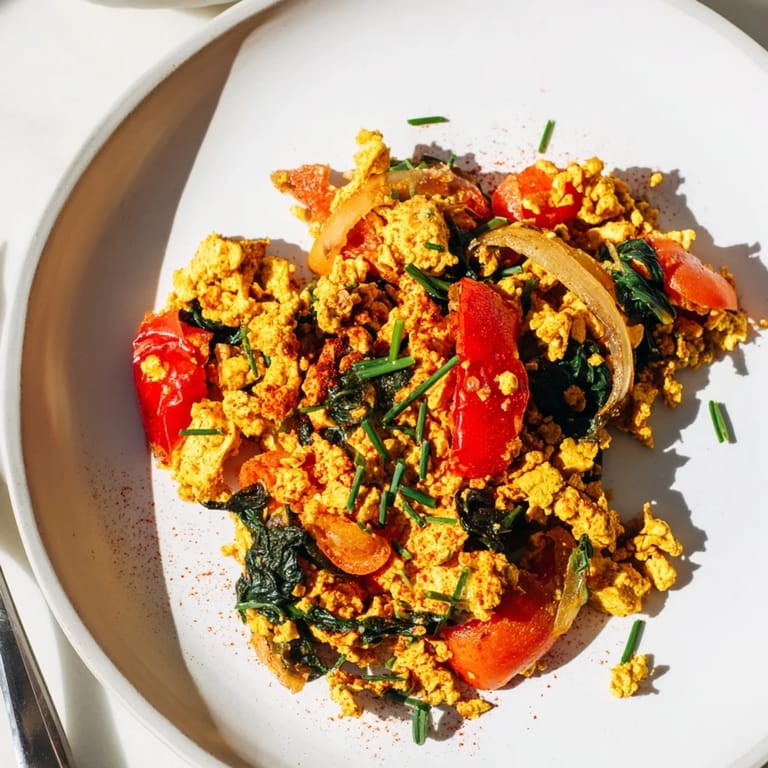 Hearty vegan tofu scramble served on whole-wheat toast with avocado slices for a protein-rich breakfast.  