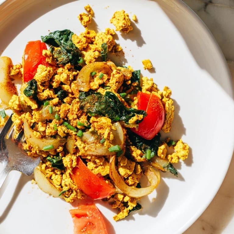 Colorful tofu scramble bubbling in a pan, seasoned with turmeric and smoked paprika for savory flavor.