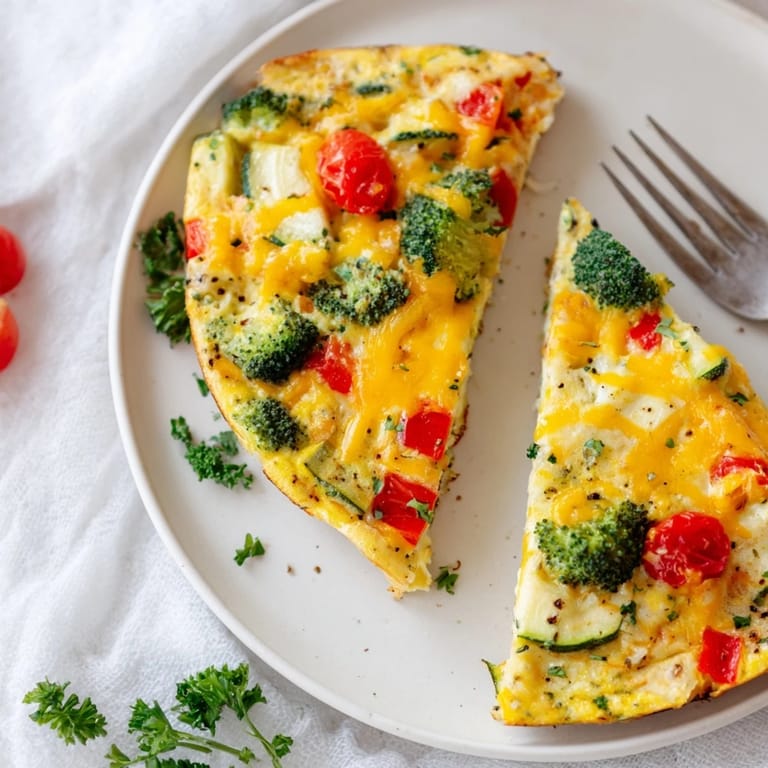 A close-up of a colorful vegetable frittata featuring cherry tomatoes, zucchini, and herbs in a skillet.