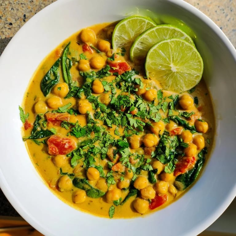 Fresh cilantro garnishes this aromatic chickpea curry, with a lime wedge resting beside the creamy bowl.