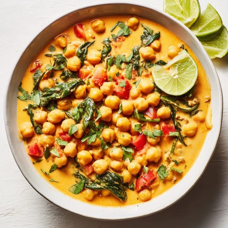 A skillet of simmering chickpea curry, bubbling with spices and dotted with vibrant spinach leaves.