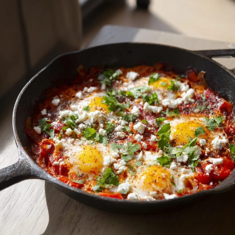 Bright red peppers and simmering eggs create a savory Shakshuka, ideal for a hearty breakfast or brunch.