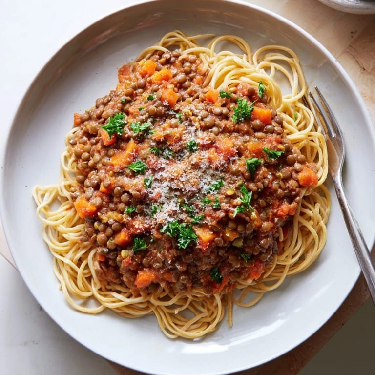 A wholesome bowl of lentil bolognese pasta topped with grated vegan Parmesan, ready for a hearty meal.