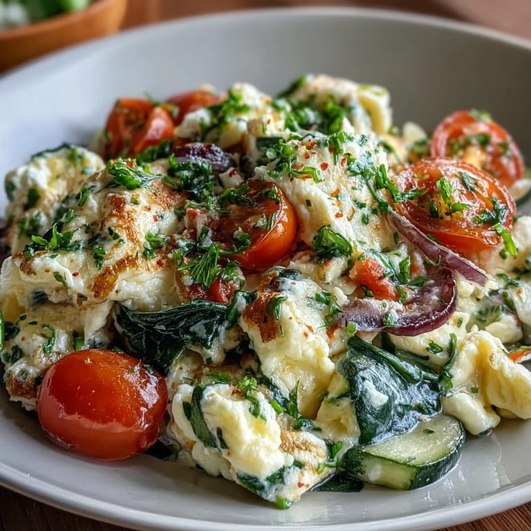 Fluffy, colorful Egg and Vegetable Scramble, a perfect healthy breakfast.
