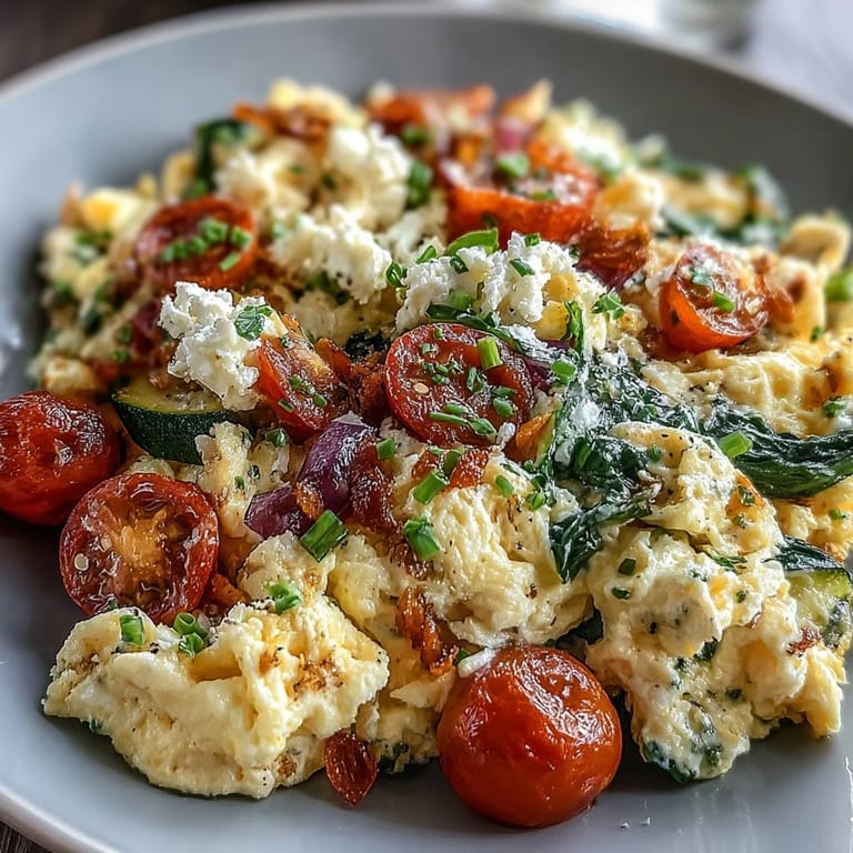 Hearty Egg and Vegetable Scramble piled high with delicious, sautéed veggies.