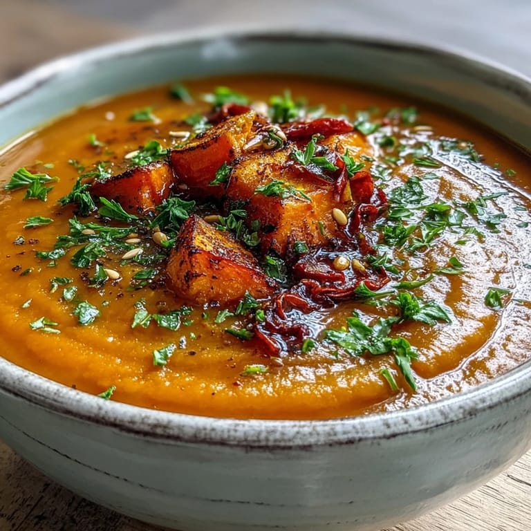 Hearty roasted vegetable soup garnished with olive oil drizzle and toasted seeds, perfect for a healthy, gluten-free dinner.