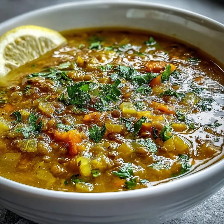 Overhead view of Mung Bean Soup in a ceramic bowl, garnished with fresh cilantro and a lemon wedge beside warm naan bread slices.