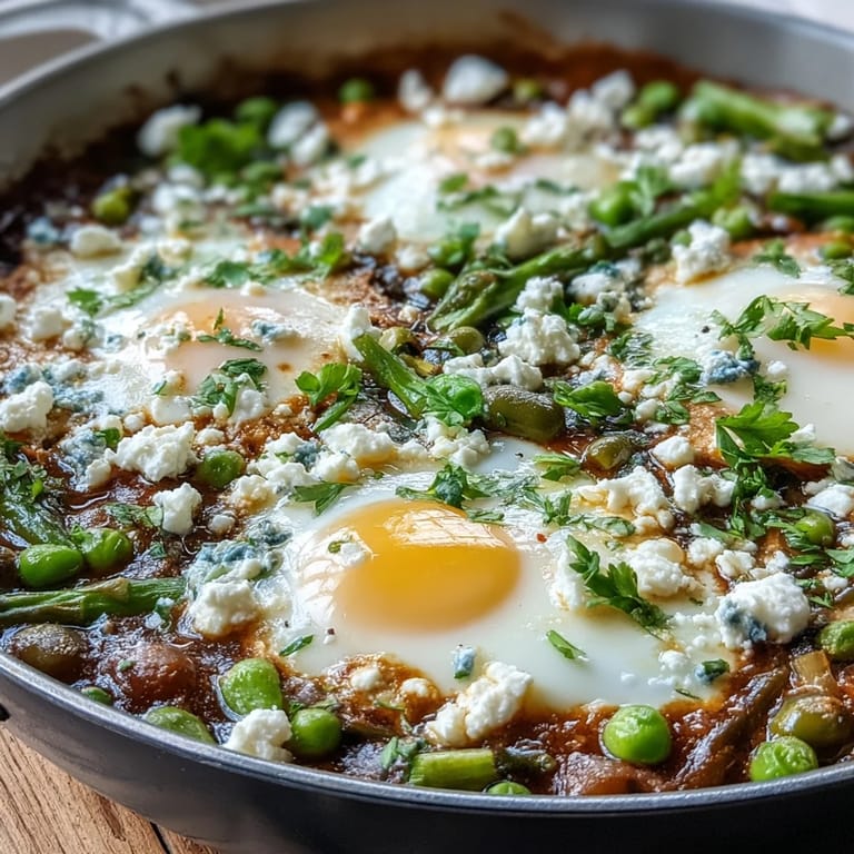 Tomato-based Pea and Broad Bean Shakshuka with asparagus and peas, garnished with feta and parsley for a fresh finish.