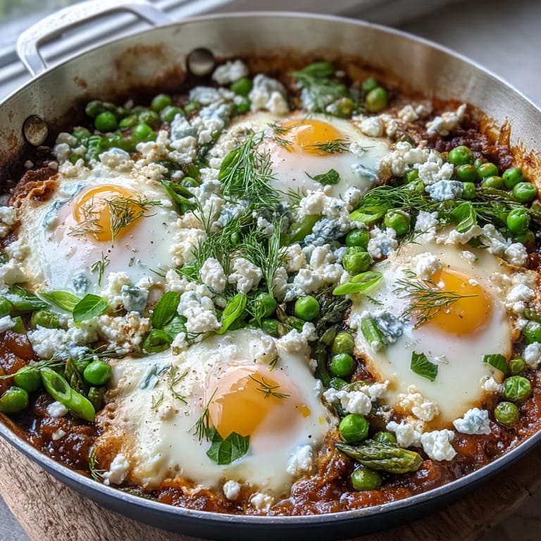 Crack-and-serve Pea and Broad Bean Shakshuka bubbling in a deep skillet, ideal for sharing with crusty bread.