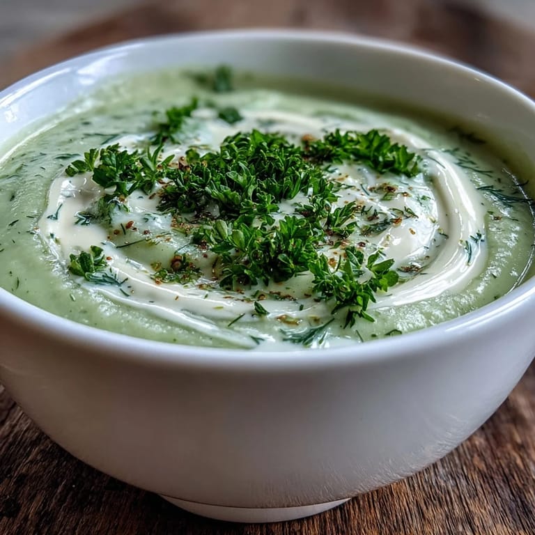 A bowl of Creamy Celery and Herb Soup with swirls of cream, paired with crusty bread.