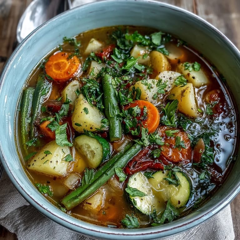 Healthy Potato and Vegetable Soup in a ceramic bowl with a spoon, garnished with fresh parsley and black pepper.