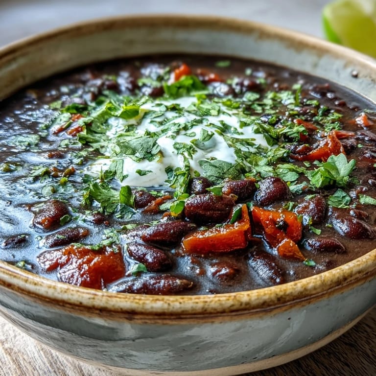 A hearty bowl of Black Bean Soup with a golden swirl of sour cream, fresh cilantro, and crusty bread on the side.