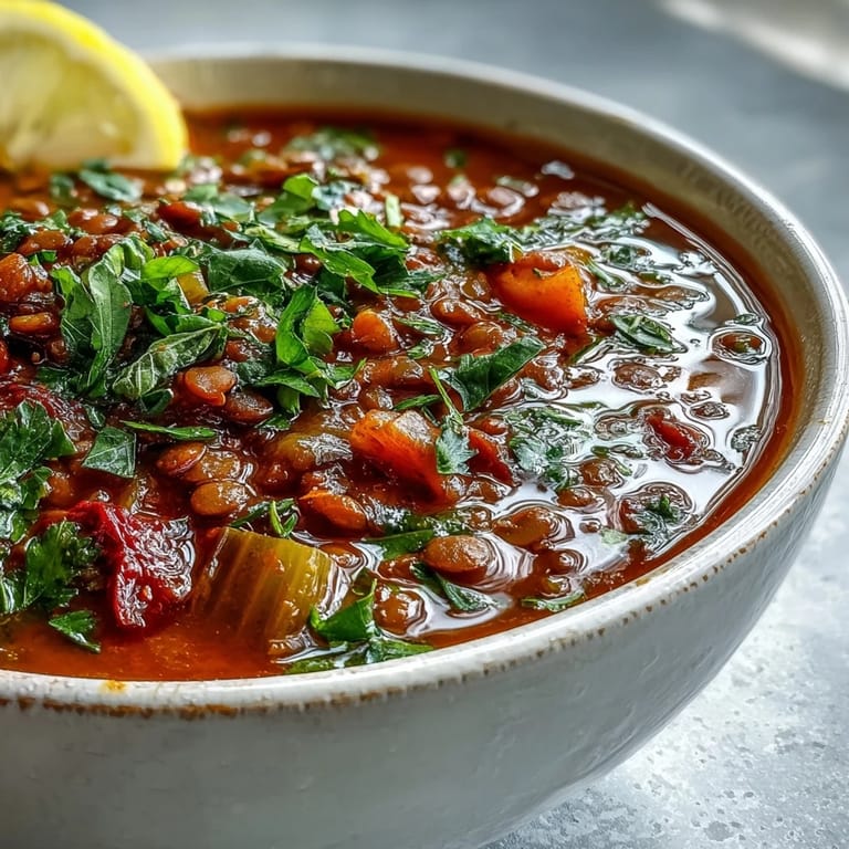 Steaming Tomato Lentil Soup in a rustic ceramic bowl, garnished with chopped parsley and a drizzle of olive oil. A hearty vegan meal.