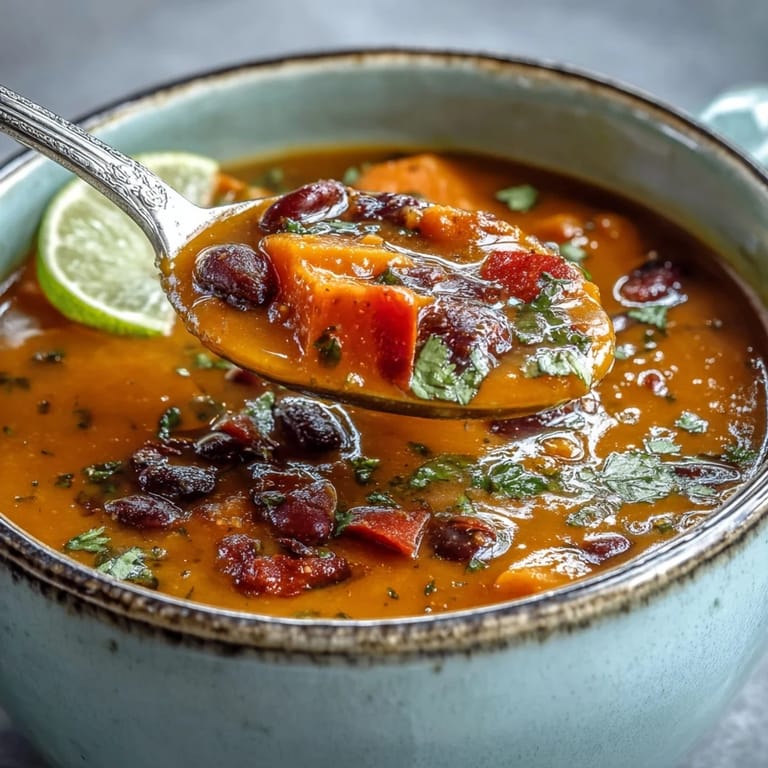 A vibrant pot of Sweet Potato and Black Bean Soup simmering with red bell peppers and aromatic spices.